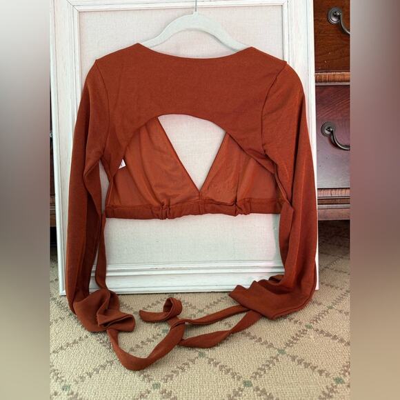 Princess Polly Burnt Orange V neck cropped top with tie back and cutout 4 - Picture 2 of 11